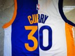 NBA 30 Curry Warriors splite Maillot bleu blanc brodé